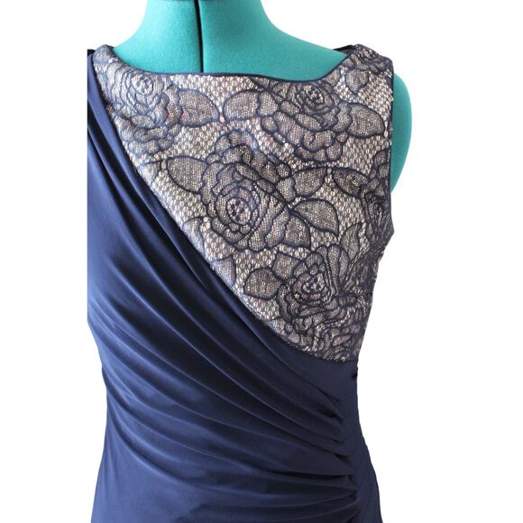 R&M Richards Navy Lace Bodice Draped Evening Gown | Women’s Size 10 - Picture 4 of 8